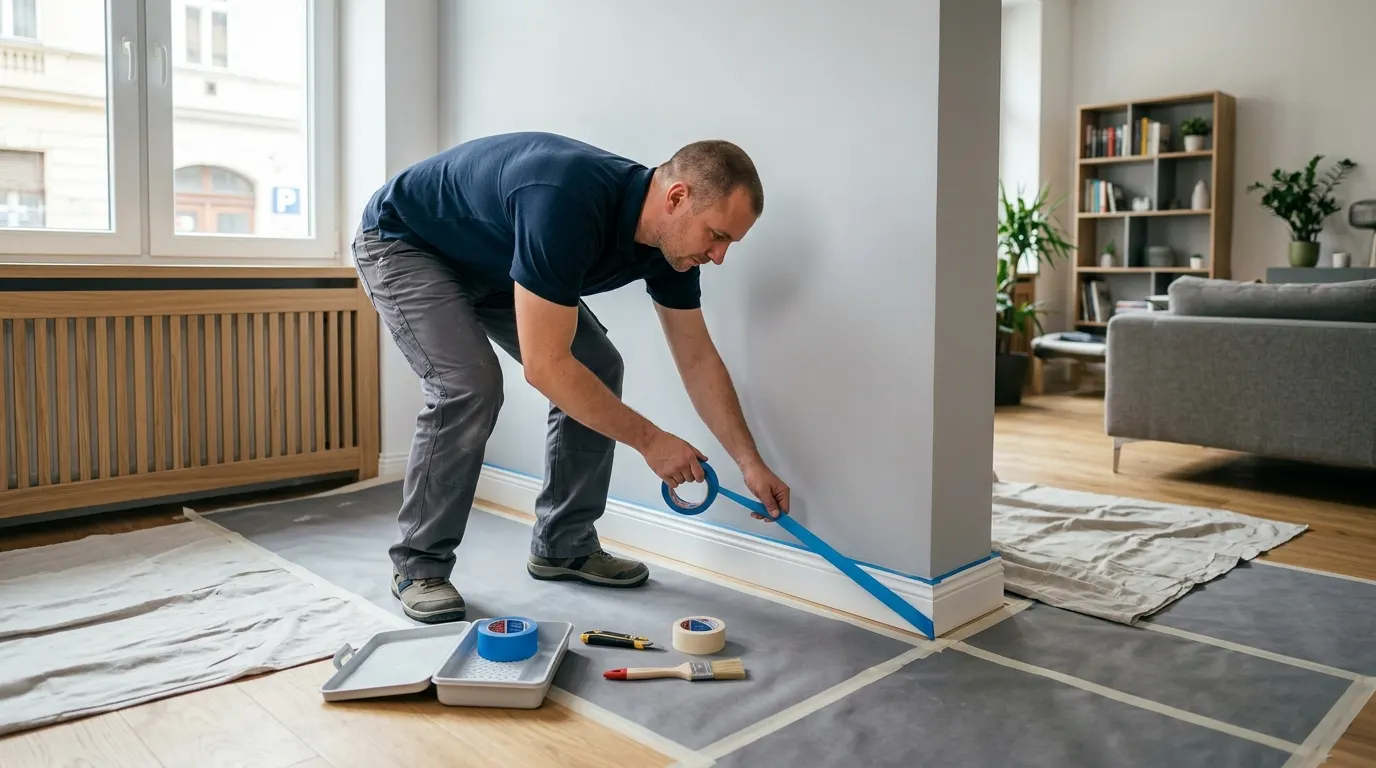 Egy profi festő szakember éppen maszkolást végez egy modern nappaliban, ügyelve az élekre és a padlóvédelemre