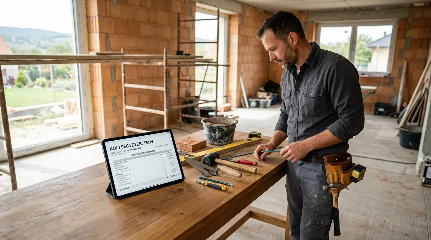 Egy modern kőműves szerszámkészlet és egy digitális táblagép, amin egy részletes költségvetési terv látható