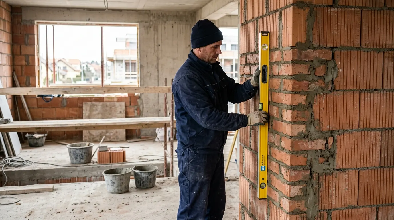 Kőműves szakember precíz vízszintezővel ellenőrzi az új válaszfal függőlegességét építkezés közben